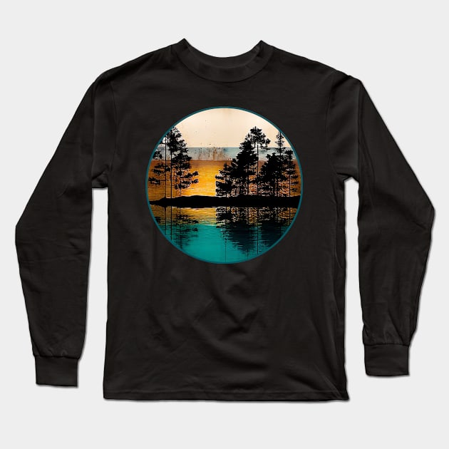Rustic Lake Reflections Golden Horizon with Trees Long Sleeve T-Shirt by The Art Mage